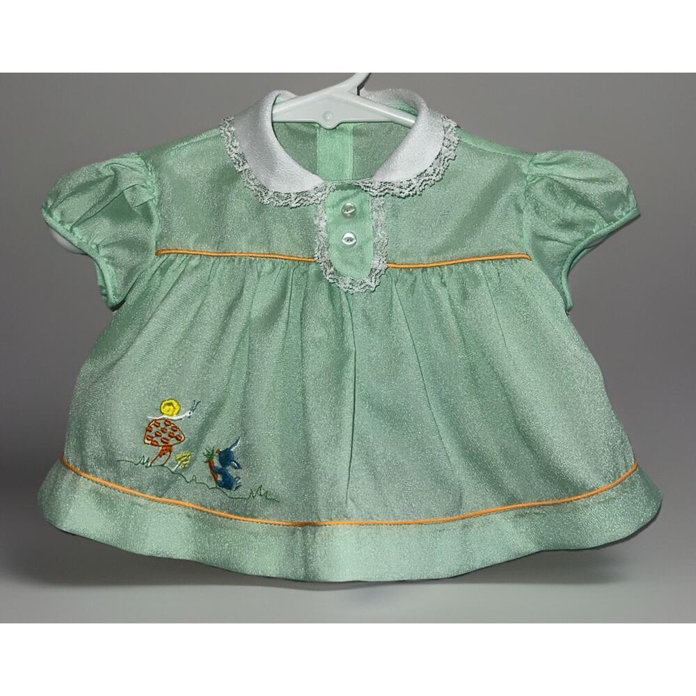 VTG 1970s Baby Girl Green Nylon Dress Embroidered Snail Bunny Mushrooms 0–3M